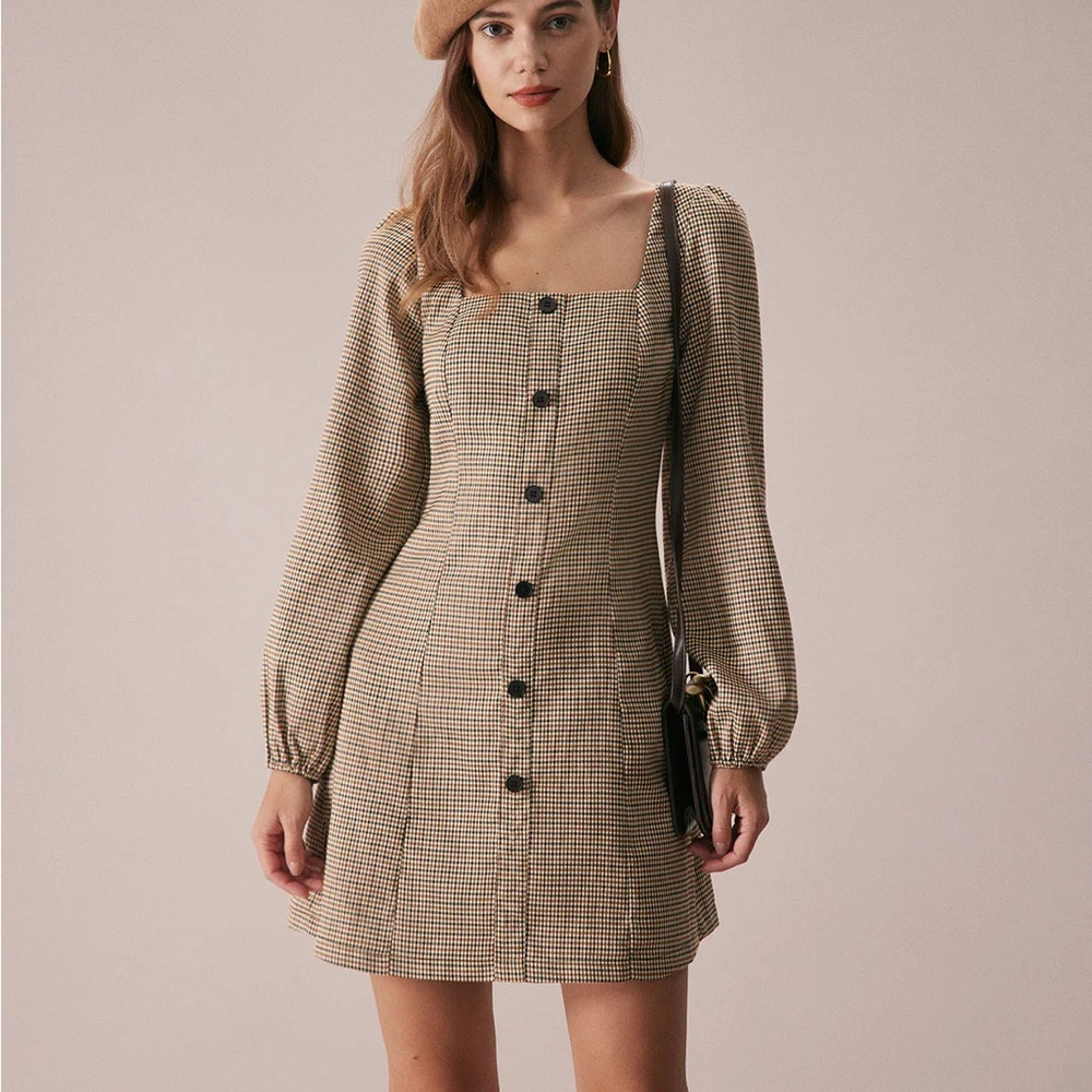 RIHOAS Khaki Square Neck Plaid Button Mini Dress- NEW
